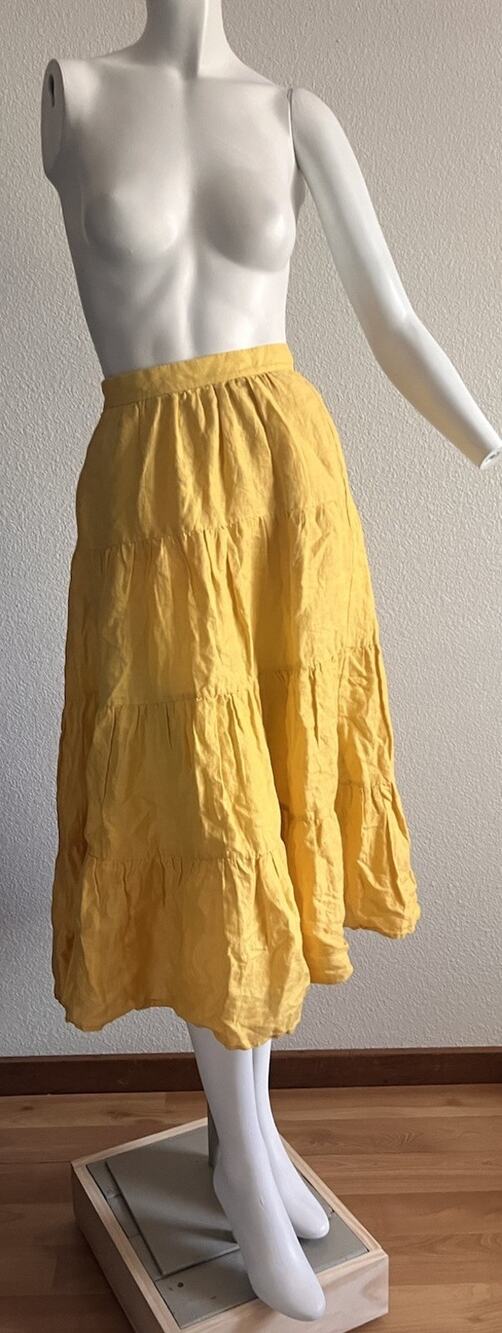 MO&Co. 100% Linen Tiered Midi Skirt Golden Straw Yellow High Waist Medium Boho